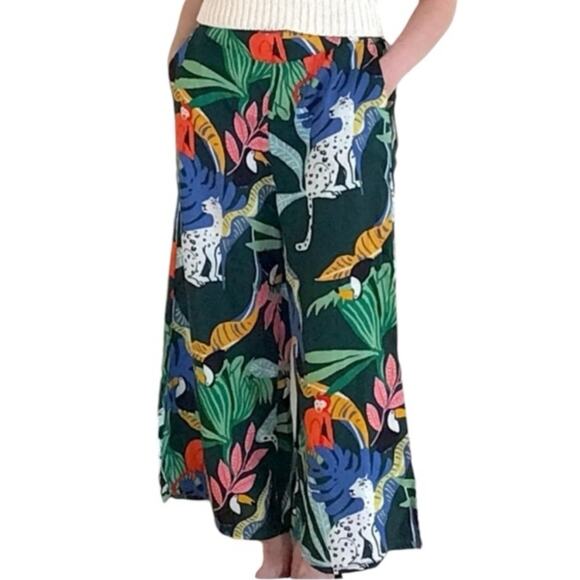 Christian Siriano Linen Wide Leg Pants Tropical Jungle Print NWT Small Resort - Picture 1 of 14